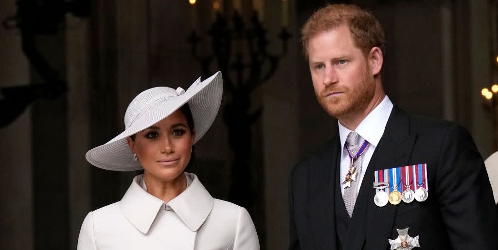 london, england june 03 prince harry and meghan markle, duke and duchess of sussex leave after a service of thanksgiving for the reign of queen elizabeth ii at st pauls cathedral in london, friday, june 3, 2022 on the second of four days of celebrations to mark the platinum jubilee the events over a long holiday weekend in the uk are meant to celebrate the monarchs 70 years of service photo by matt dunham wpa poolgetty images