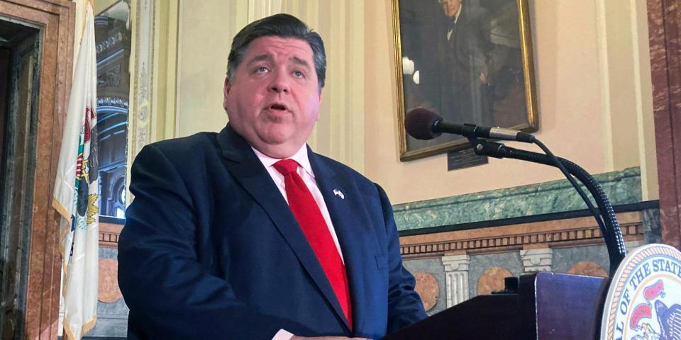 Illinois Gov. J.B. Pritzker addresses reporters on April 7, 2022, in Springfield, Illinois, about a budget deal reached among Democrats.