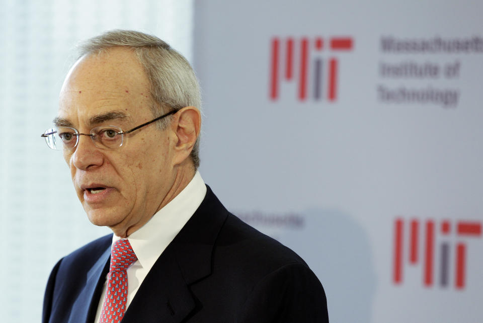 FILE - In this May 16, 2012, file photo, L. Rafael Reif addresses a news conference after he was announced as the 17th president of the Massachusetts Institute of Technology in Cambridge, Mass. Disgraced financier Jeffrey Epstein donated more than $700,000 to the Massachusetts Institute of Technology and visited campus at least nine times after being convicted of sex crimes in 2008, according to new findings from a law firm hired to investigate Epstein's ties with the elite school. MIT President L. Rafael Reif called the findings “a sharp reminder of human fallibility and its consequences.” (AP Photo/Stephan Savoia, File)