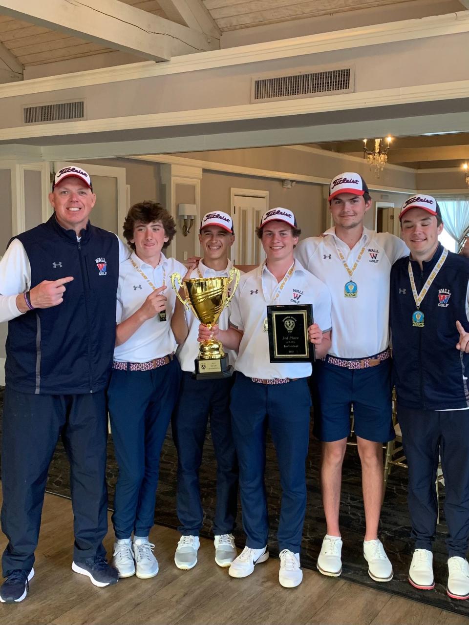 The Wall golf team after winning the Garden State Cup on April 5: (left to right) Coach Matt Stefanski; Boden Pepe; Charlie Cormey; Pat Scenna; Alex Menges; and Nolan McCarthy.