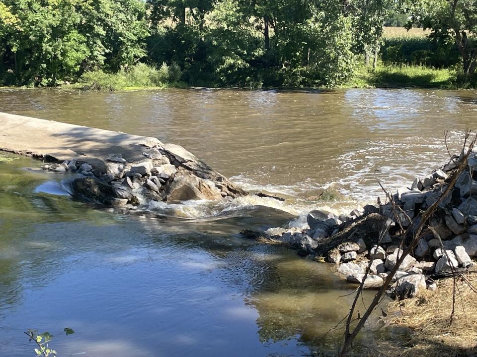 A breach in the Elsie Dam after emergency repairs were made on August 27, 2023 to limit further damage.