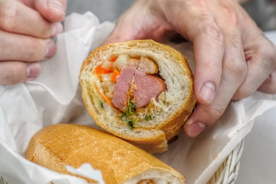 cross-section of banh mi smoked duck