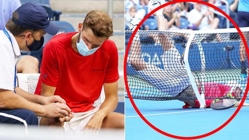 Pictured here, Oscar Otte is treated for a wrist injury in the US Open fourth round.