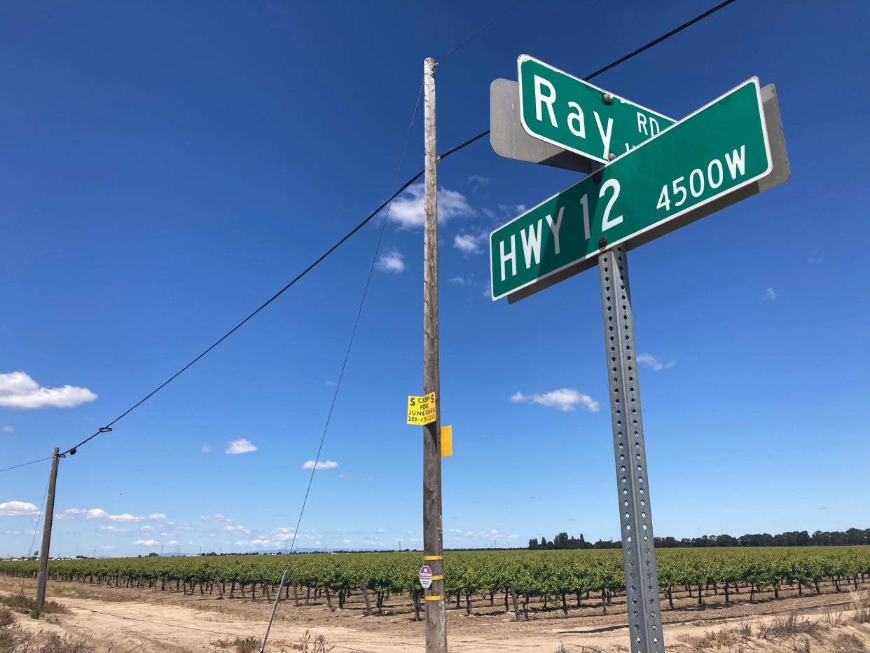 A white spray suit hanging from a stake, used by field workers as protection from pesticides, was mistaken as a hate group's garments at the corner of Ray Rd. and Highway 12 in Lodi the morning of May 11.