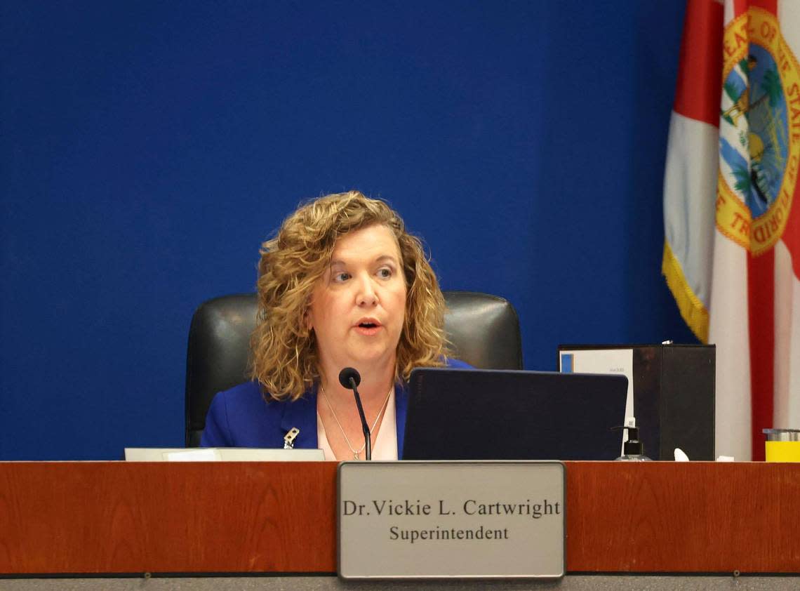 Broward Superintendent Vickie Cartwright defends her performance to the board during a Broward School Board meeting on Tuesday, Jan. 24, 2023, in Fort Lauderdale. The board voted to part ways with Cartwright in a mutual agreement and will hire a search firm for a replacement.