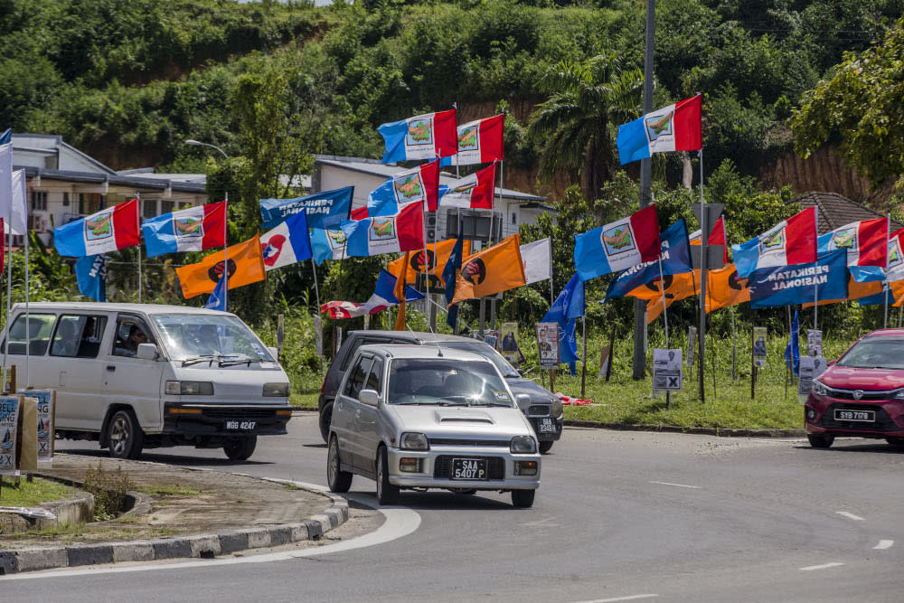 Party flags are seen during the Sabah state election campaign in Donggongon, Penampang, Sabah September 21, 2020. — Picture by Firdaus Latif