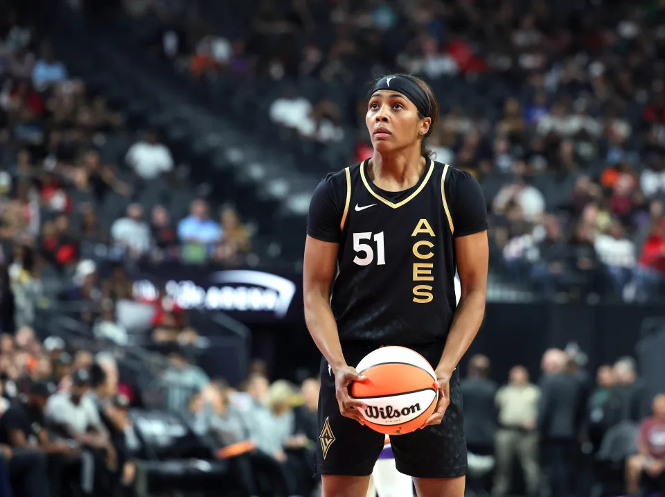 LAS VEGAS, NEVADA - SEPTEMBER 10: Sydney Colson #51 of the Las Vegas Aces prepares to shoot a free throw against the Phoenix Mercury in the second quarter of their game at T-Mobile Arena on September 10, 2023 in Las Vegas, Nevada. The Aces defeated the Mercury 100-85. NOTE TO USER: User expressly acknowledges and agrees that, by downloading and or using this photograph, User is consenting to the terms and conditions of the Getty Images License Agreement. (Photo by Ethan Miller/Getty Images)