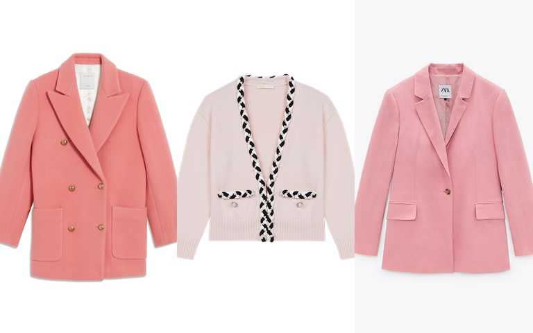還有這些粉色外套也很推薦>>Sandro粉色外套／19,710元、Maje緄邊針織開襟外套／11,590元、ZARA亞麻西裝外套／1,990元(圖／品牌提供)