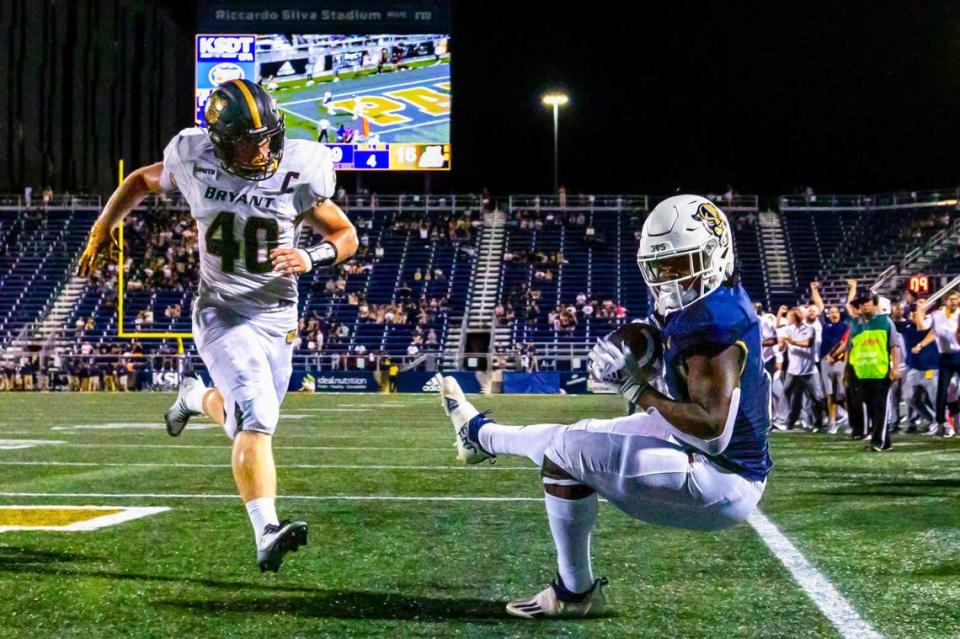 FIU running back Lexington Joseph scores against Bryant University season-opener in September 2022.