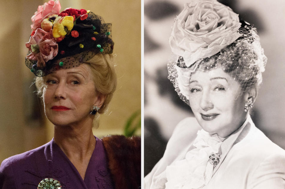 Side-by-side of Helen Mirren and Hedda Hopper