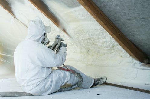 <span class="caption">Insulating walls and windows can keep hot air outside during future heatwaves.</span> <span class="attribution"><a class="link " href="https://www.shutterstock.com/image-photo/spray-polyurethane-foam-roof-technician-spraying-1087263845" rel="nofollow noopener" target="_blank" data-ylk="slk:C12/Shutterstock">C12/Shutterstock</a></span>
