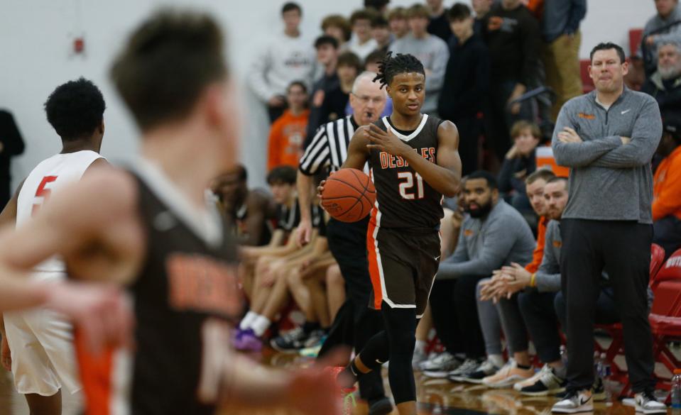 DeSales’ Damone King brings the ball upcourt against Butler on Wednesday night. King scored 24 points in the Colts' victory.