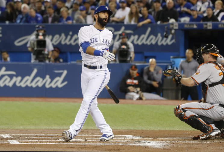 Jose Bautista struck out three times in Thursday's loss. (The Canadian Press via AP)