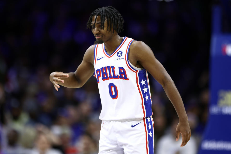 PHILADELPHIA, PENNSYLVANIA - NOVEMBER 12: Tyrese Maxey #0 of the Philadelphia 76ers reacts after scoring during the second quarter against the Indiana Pacers at the Wells Fargo Center on November 12, 2023 in Philadelphia, Pennsylvania. NOTE TO USER: User expressly acknowledges and agrees that, by downloading and or using this photograph, User is consenting to the terms and conditions of the Getty Images License Agreement. (Photo by Tim Nwachukwu/Getty Images)