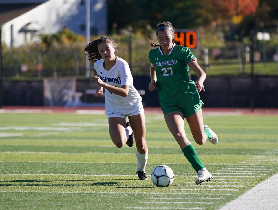 Irvington's Keira Nyarady (27) chases down a ball during their 3-2 win over Edgemont in the Section 1 Class B soccer championship game at Nyack High School in Nyack on Saturday, October 29, 2022.