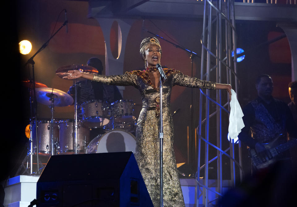 This image released by Sony Pictures shows Naomi Ackie in Tristar's "Whitney Houston: I Wanna Dance with Somebody." (Emily Aragones/Sony Pictures via AP)