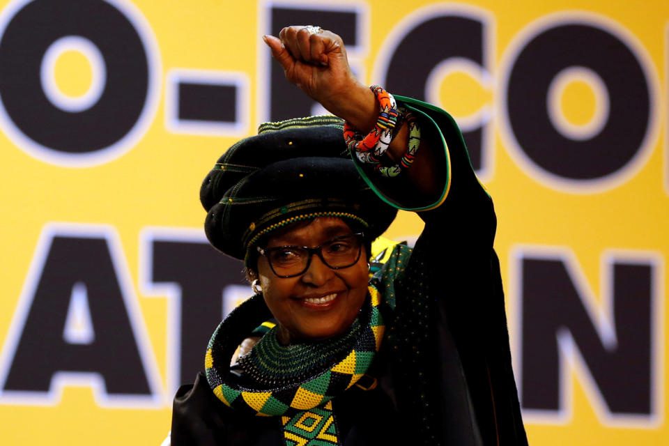 <p>Winnie Madikizela Mandela, ex-wife of former South African president Nelson Mandela, gestures to supporters at the 54th National Conference of the ruling African National Congress in Johannesburg, South Africa, Dec. 16, 2017. (Photo: Siphiwe Sibeko/Reuters) </p>