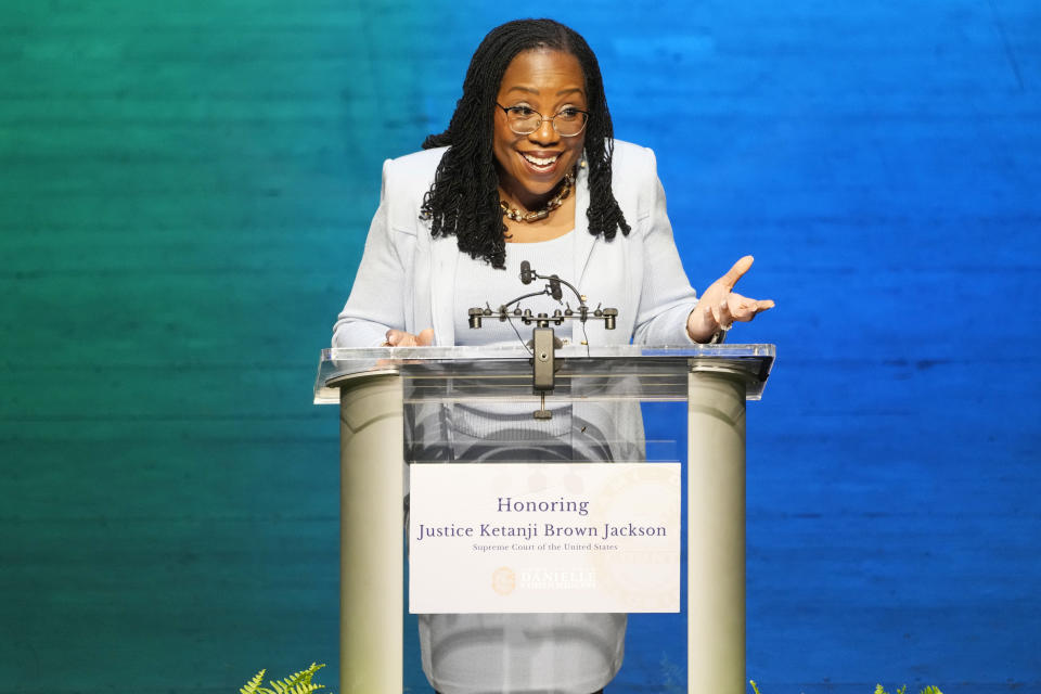 CORRECTS FIRST NAME TO KETANJI U.S. Supreme Court Justice Ketanji Brown Jackson speaks at an event where a street was named in her honor, Monday, March 6, 2023, in Cutler Bay. Fla. The street is located in South Dade County where Justice Brown Jackson grew up. (AP Photo/Marta Lavandier)