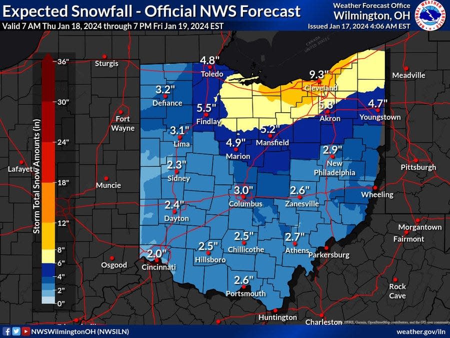 The National Weather Service says "plowable" snow likley in northern Ohio Thursday through Saturday.