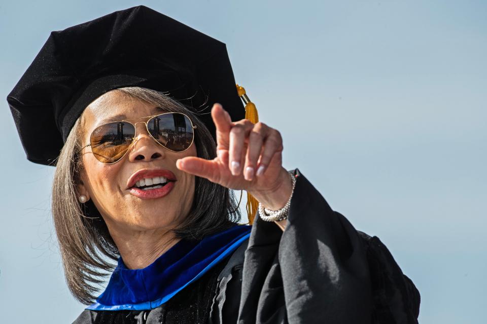 US Representative Lisa Blunt Rochester speaks during the underclassmen Delaware State University 2023 commencement ceremony at Alumni Stadium in Dover, Friday, May 12, 2023.