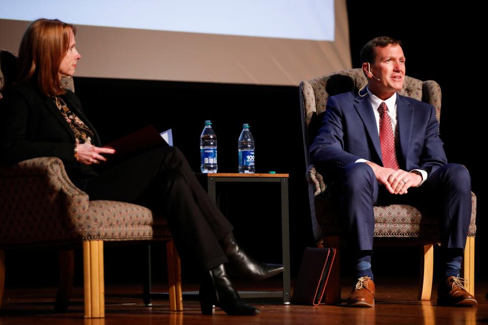 Richard "Biff" Williams, a finalist for the Missouri State University president job, answers questions at a forum in the Plaster Student Union auditorium on Thursday, Feb. 15, 2024.