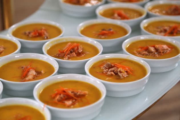 The Silky Saffron Bisque with honey pepper salmon was inspired by broths from Fancy Feast.