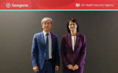 Seegene founder and chief executive Dr Jong-Yoon Chun, left, poses for a photo with Prof Dame Jenny Harries, chief executive of the UK Health Safety Agency (UKHSA) after a meeting at Seegene's headquarters in Seoul on March 27.
