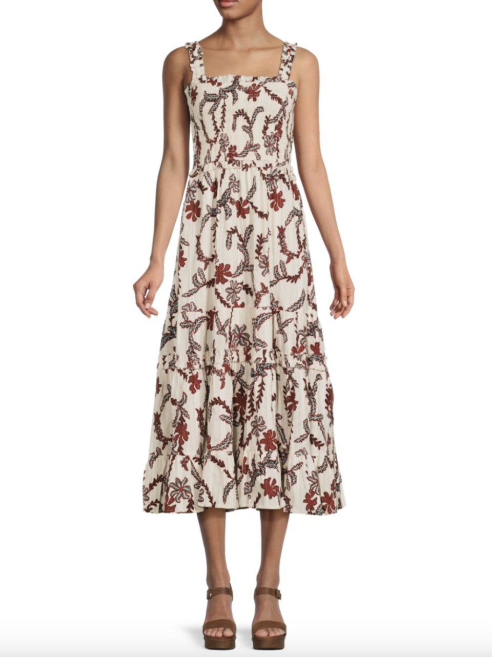 model wearing brown platform sandals and beige, brown and red Joie Jailene Floral Smocked Tiered Dress (photo via Saks off Fifth)