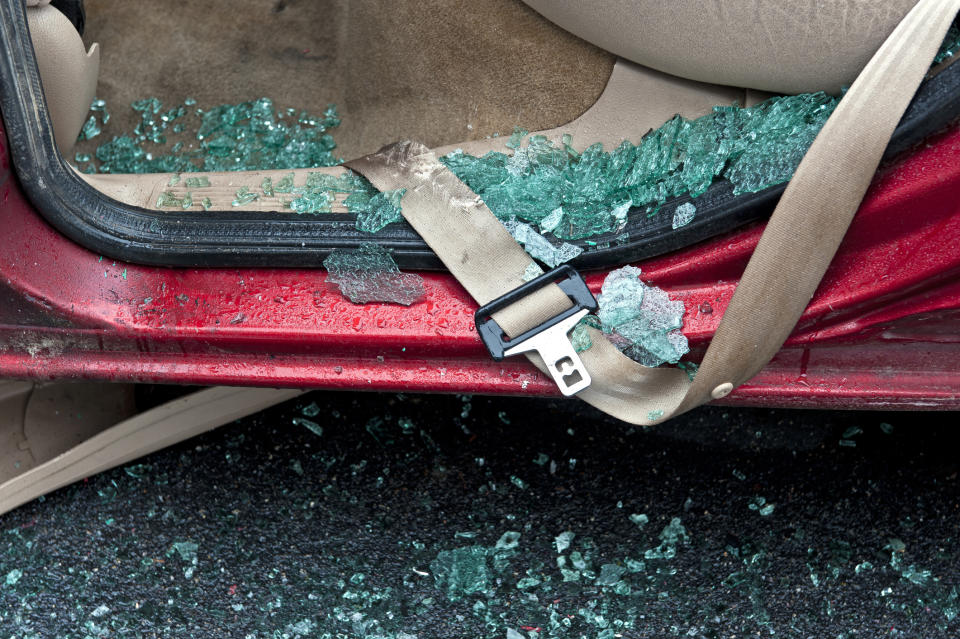 glass coming out of a car that's been in an accident