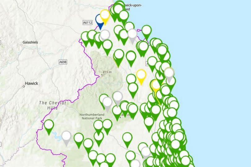Northumbrian Water has launched an interactive map to show overflows and outfalls in real time. Green shows 'no recent spill', yellow shows 'recent spill' and blue shows 'spilling'. Grey shows 'unavailable' spill status