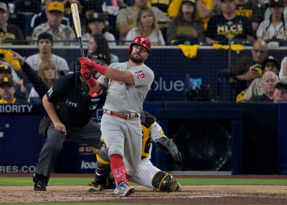 Phillies left fielder Kyle Schwarber hits a monster home run in the sixth inning.