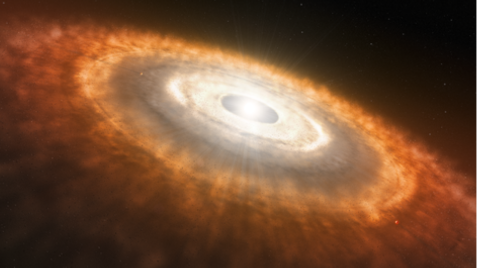 An illustration of a bright white star surrounded by a huge halo of reddish gas and dust and other things.