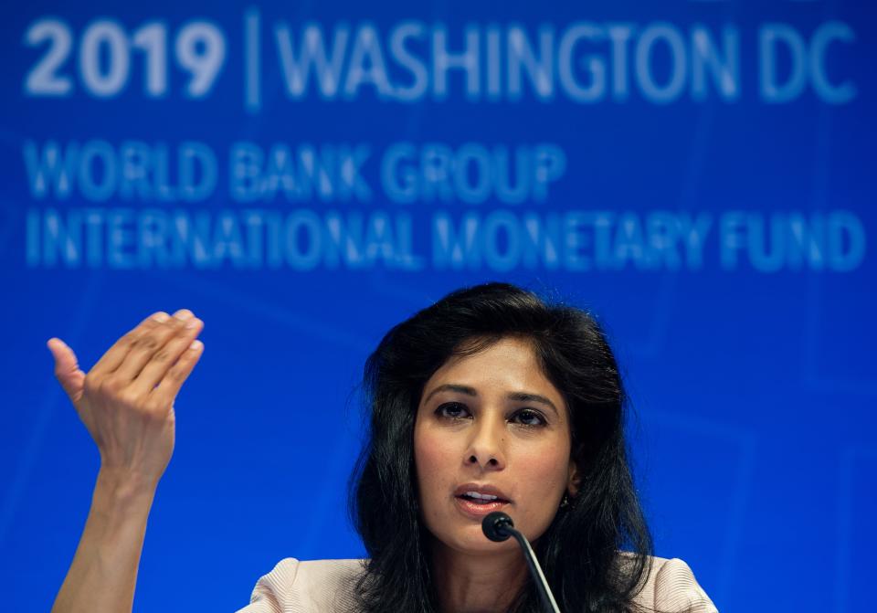 Chief Economist and Director of the Research Department at the International Monetary Fund (IMF), Gita Gopinath, speaks during a press conference  in Washington, DC on April 9, 2019. - The global economy is facing a "delicate moment," beset with risks as the recovery loses steam amid trade tensions, Brexit and other factors, the International Monetary Fund warned Tuesday. (Photo by Andrew CABALLERO-REYNOLDS / AFP)        (Photo credit should read ANDREW CABALLERO-REYNOLDS/AFP/Getty Images)