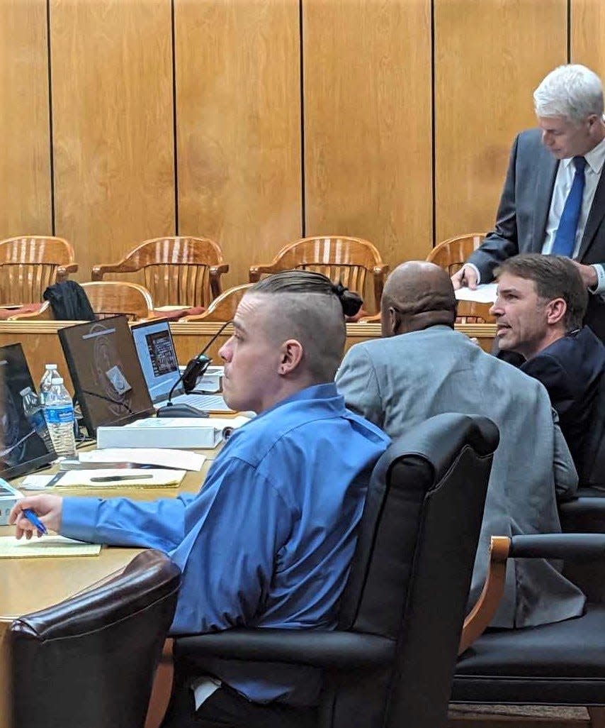 Corey Allen Trumbull, far left, appears in the 78th District Court Tuesday, Aug. 22, for the first day of testimony in his capital murder trial in connection with the death of 11-year-old Logan Cline in 2019 in a Wichita Falls hotel room.