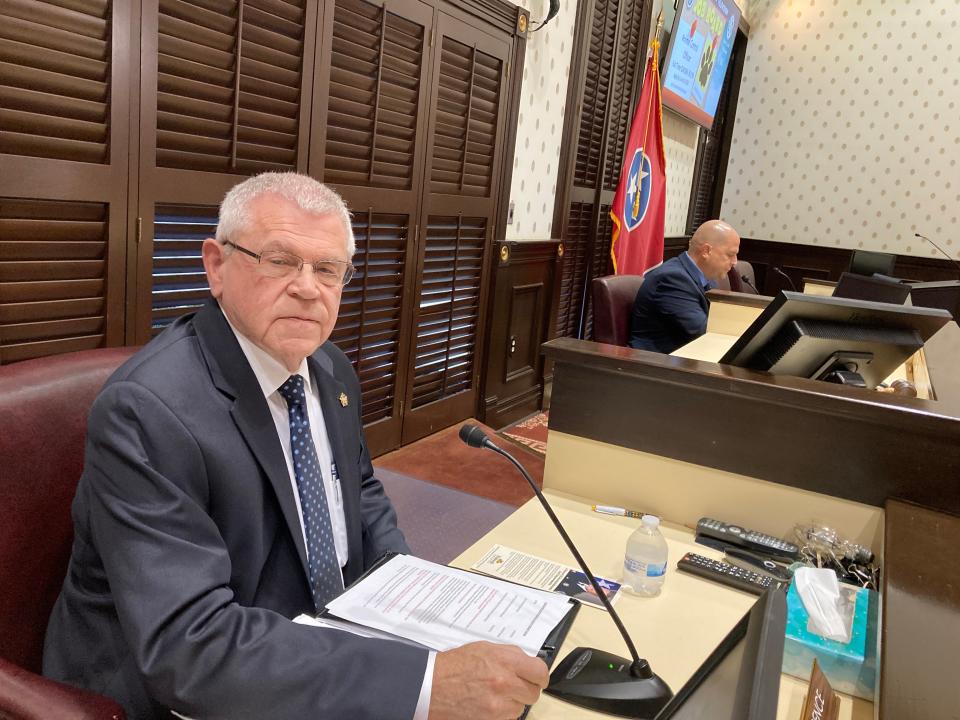 Rutherford County Sheriff Mike Fitzhugh, left, poses Tuesday (June 28, 2022) before the start of a sheriff's candidate forum with independent Pat Garrett, right. Both answered questions from the League of Women Voters of Murfreesboro/Rutherford County at the Rutherford County Courthouse.