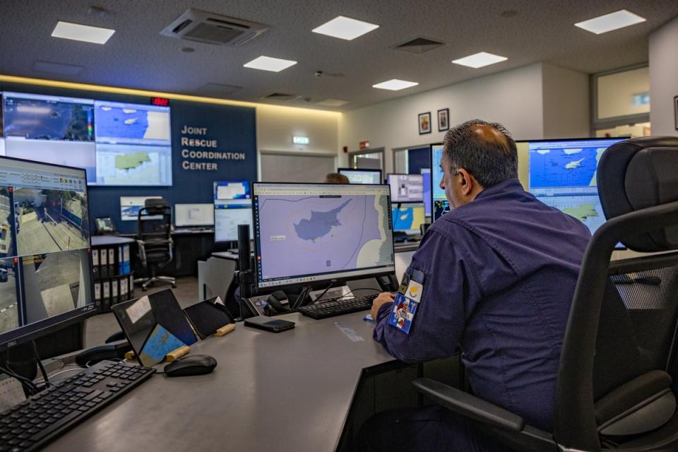 Cypriot officers monitor the progress of the Open Arms/WCK aid ship going to Gaza (Bel Trew)