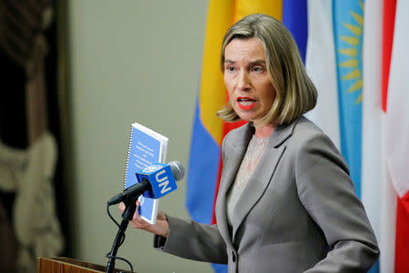 FILE PHOTO: European Union Foreign Affairs Chief Federica Mogherini gives her remarks after attending a meeting of the parties to the Iran nuclear deal during the 72nd United Nations General Assembly at U.N. headquarters in New York, U.S., September 20, 2017. REUTERS/Eduardo Munoz/File Photo