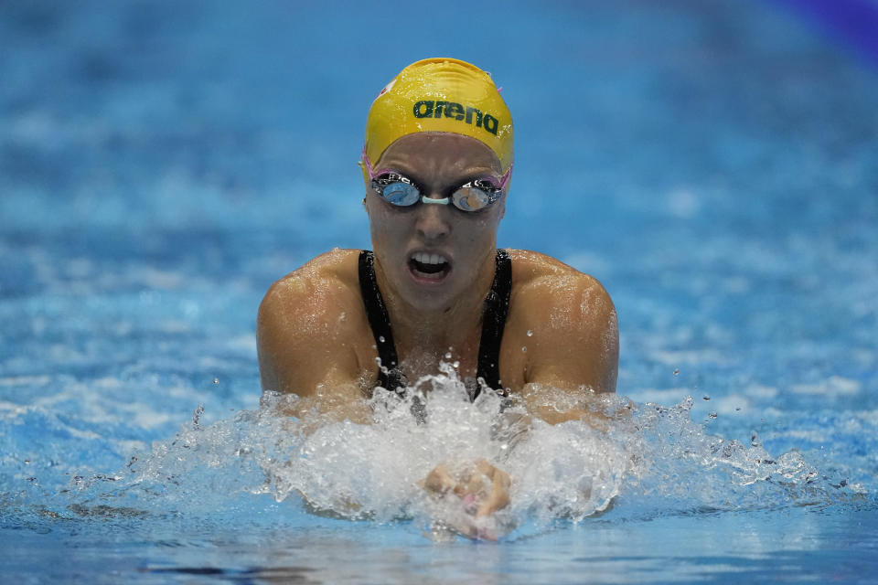 Abbey Harkin of Australia competes during the women's 4x100m medley relay final at the World Swimming Championships in Fukuoka, Japan, Sunday, July 30, 2023. (AP Photo/Lee Jin-man)