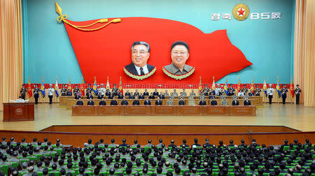 An overview of a national meeting at the People's Palace of Culture in Pyongyang on April 24, 2017 in celebration of the 85th founding anniversary of the Korean People's Army (KPA) in this handout photo by North Korea's Korean Central News Agency (KCNA) made available on April 25, 2017. KCNA/Handout via REUTERS