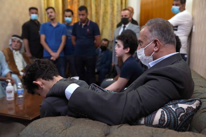 Iraqi Prime Minister Mustafa al-Kadhimi visits and offers condolences to the family of the late former government advisor and political analyst Hisham al-Hashemi, who was killed by gunmen, in Baghdad