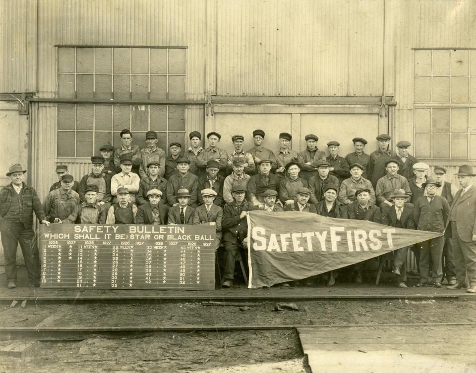 This 1927 photo shows employees of the New York Central Railroad displaying their safety banner. It is one of the photos that will be included in the exhibit “Clues Through the Lens” from Jan. 30, 2024, through 2026 at the Elkhart County Historical Museum in Bristol.