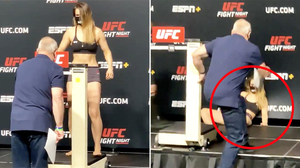 Julija Stoliarenko, pictured here after fainting while attempting to weigh-in.