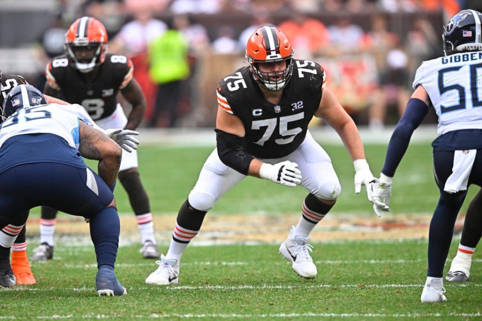 Browns guard Joel Bitonio blocks against the Tennessee Titans, Sept. 24, 2023, in Cleveland.