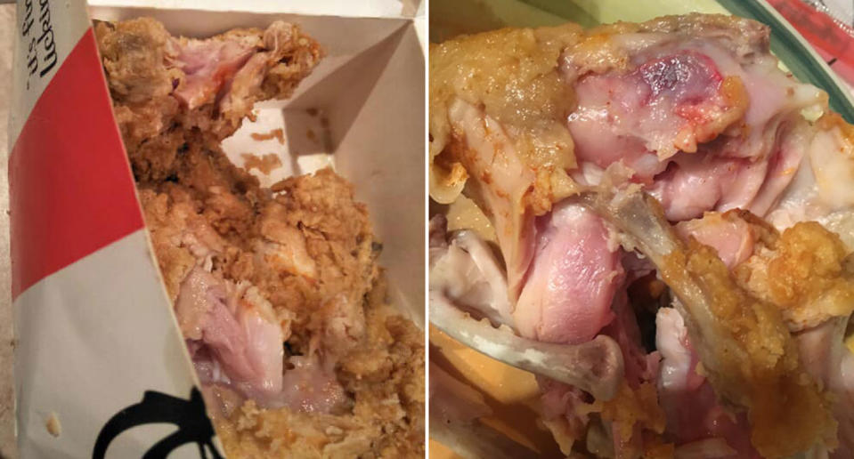 A woman claims she purchased raw friend chicken from KFC in Annandale, Townsville. Pictured is some of the pink, flesh of the chicken in the box.