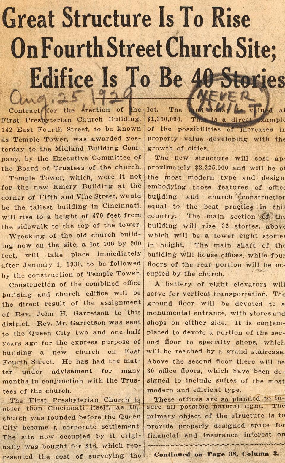 The Cincinnati Enquirer article from Aug. 29, 1929, announced Temple Tower, a proposed skyscraper to replace the First Presbyterian Church on Fourth Street. The clipping in The Enquirer archive included the note, “Never built.”