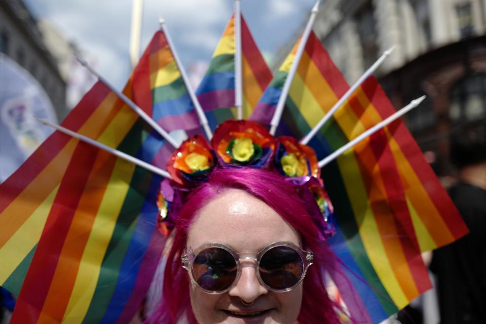 A participant in the annual Pride Parade in London on July 7, 2018.