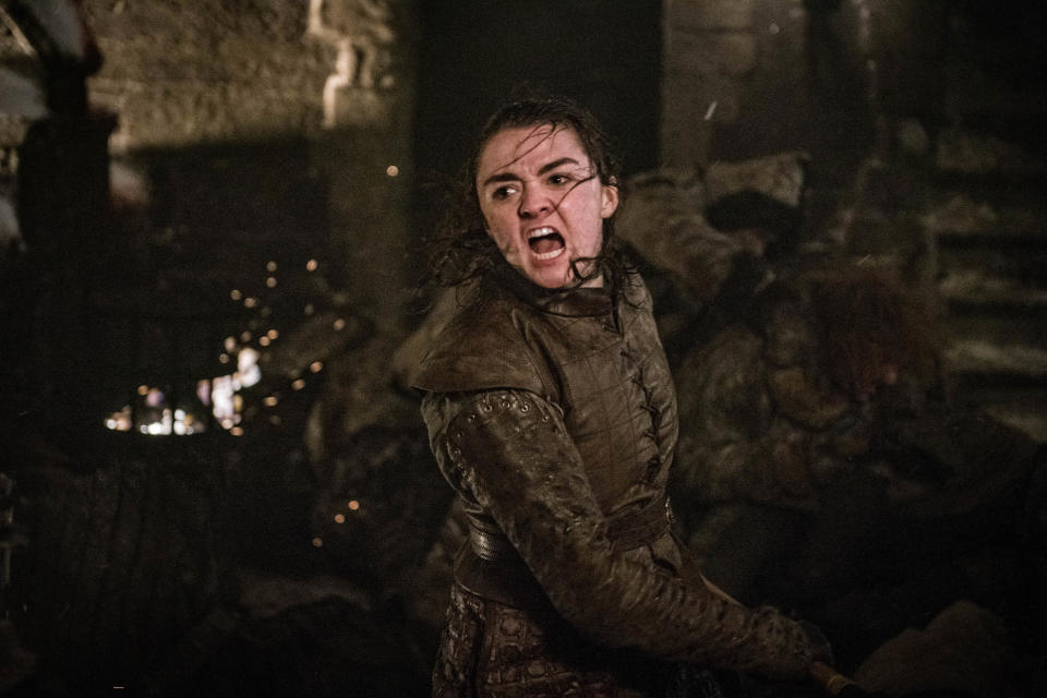 This image released by HBO shows Maisie Williams in a scene from "Game of Thrones," that aired Sunday, April 28, 2019. In the Associated Press' weekly "Wealth of Westeros" series, we're following the HBO fantasy show's latest plot twists and analyzing the economic and business forces driving the story. This week, Arya’s triumphant assassination of the king ice zombie has prompted an appreciation among us for the role of skills, in economics as well as medieval Westeros. (Helen Sloan/HBO via AP)