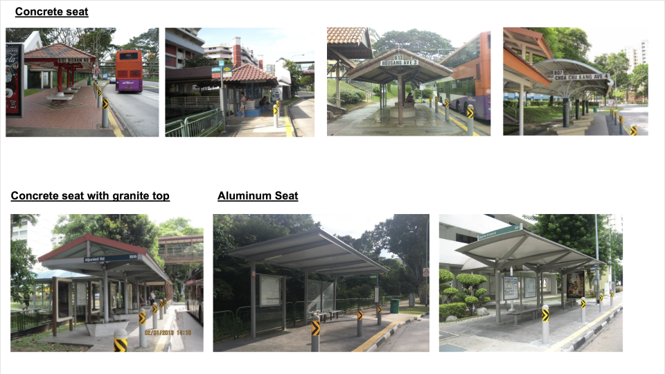 Examples of various designs of benches at public bus stops constructed over the years. (Photo courtesy of LTA)