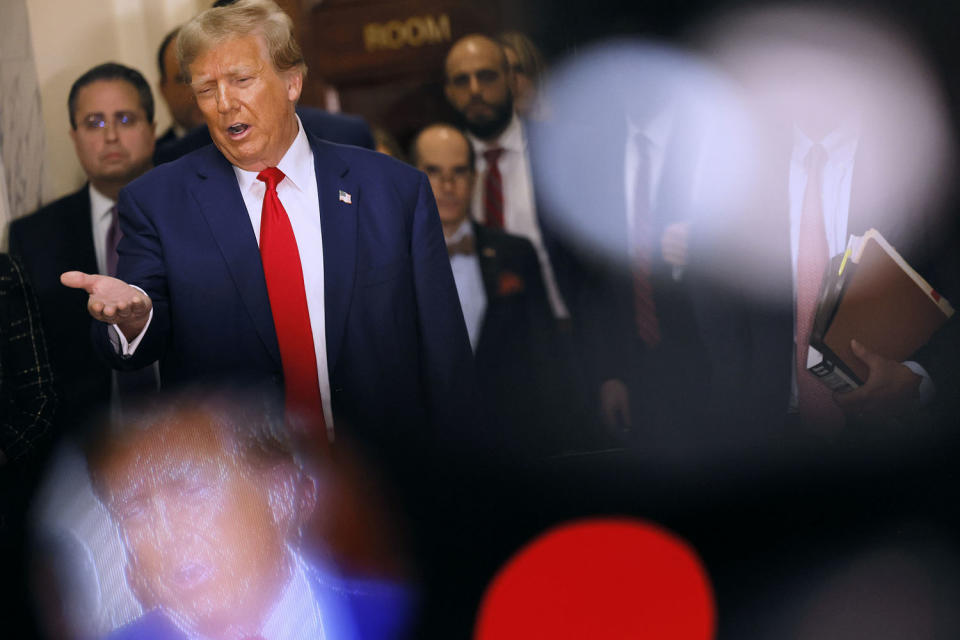 Former President Donald Trump speaks as he exits the courtroom for a break during his civil fraud trial at New York Supreme Court on January 11, 2024. (Michael M. Santiago / Getty Images file)