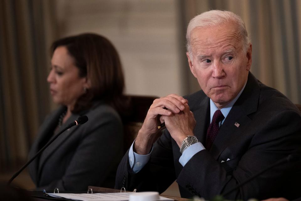Vice President Kamala Harris and President Joe Biden attend a meeting of the Task Force on Reproductive Healthcare Access in the State Dining Room of the White House on Oct. 4, 2022.